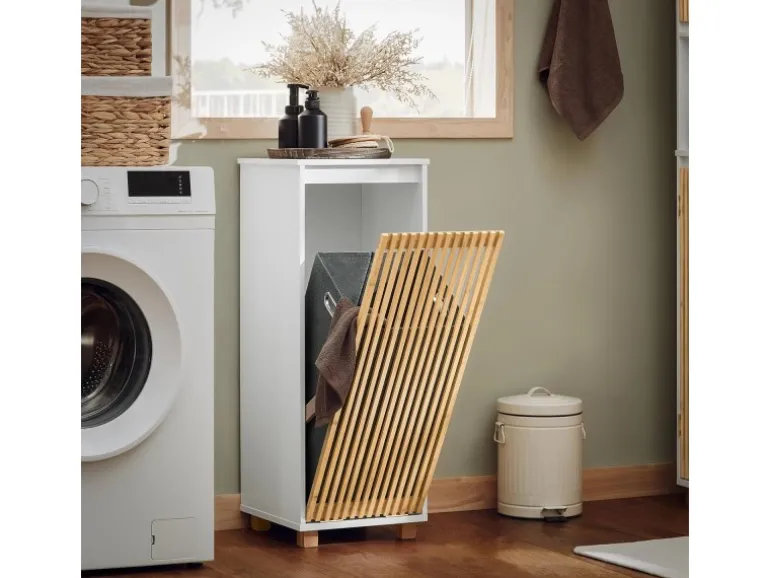 SoBuy Wäscheschrank mit Wäschesack Wäschekorb Badezimmerschrank BZR126-W