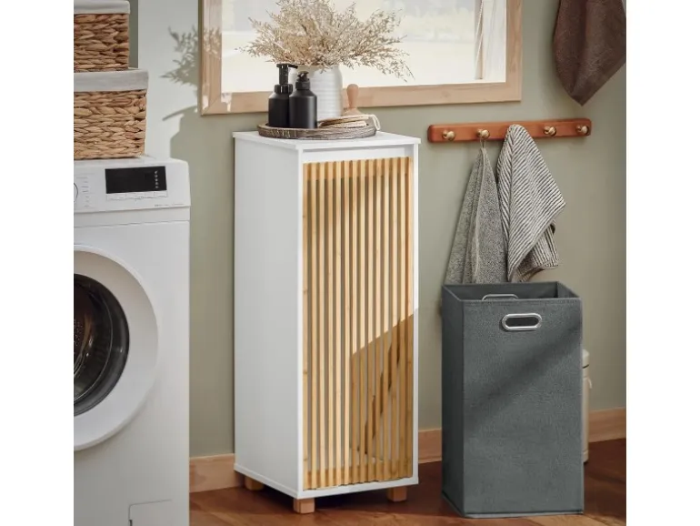 SoBuy Wäscheschrank mit Wäschesack Wäschekorb Badezimmerschrank BZR126-W