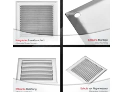 SOTECH Aluminium-Lüftungsgitter 190 x 190 mm Edelstahloptik Aufschraubbar mit Insektenschutz