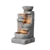 Teamson Home Garten Wasserbrunnen Kaskaden Schalen Gestapelte Steine LED Grau