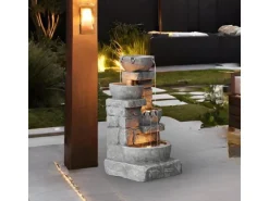 Teamson Home Garten Wasserbrunnen Kaskaden Schalen Gestapelte Steine LED Grau