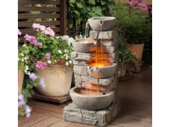 Teamson Home Garten Wasserbrunnen Kaskaden Schalen Gestapelte Steine LED Grau