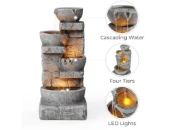 Teamson Home Garten Wasserbrunnen Kaskaden Schalen Gestapelte Steine LED Grau