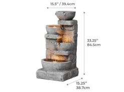 Teamson Home Garten Wasserbrunnen Kaskaden Schalen Gestapelte Steine LED Grau
