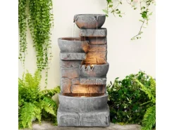 Teamson Home Garten Wasserbrunnen Kaskaden Schalen Gestapelte Steine LED Grau