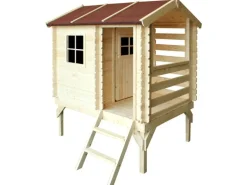 Timbela Kinderspielhaus Holz M501B 1,1 m² auf Stelzen mit Leiter und Holzfenster