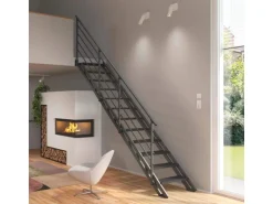 Treppen Intercon Raumspartreppe Onyx Stahlwangentreppe Lava-Anthrazit mit Stufenbreite 50 cm Buche Anthrazit Einseitiges Geländer 13 Stufen