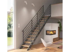 Treppen Intercon Raumspartreppe London Stahlwangentreppe Lava-Anthrazit mit Stufenbreite 70 cm Buche Hell Beidseitiges Geländer 14 Stufen