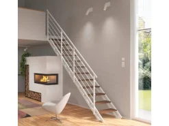 Treppen Intercon Raumspartreppe London Stahlwangentreppe Polar-Weiß mit Stufenbreite 50 cm Buche Dunkel Beidseitiges Geländer 12 Stufen