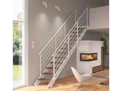 Treppen Intercon Raumspartreppe London Stahlwangentreppe Polar-Weiß mit Stufenbreite 70 cm Buche Dunkel Beidseitiges Geländer 14 Stufen