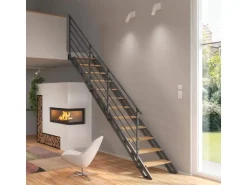 Treppen Intercon Raumspartreppe London Stahlwangentreppe Lava-Anthrazit mit Stufenbreite 50 cm Buche Hell Beidseitiges Geländer 13 Stufen