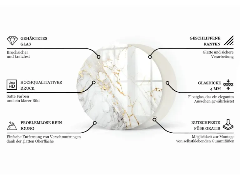 Tulup Tischplatte Edler Marmor mit Adern Tischplatte aus Glas 90x90 cm Weiß Tischplatte Runde Tischplatte Glas für Tischplatte