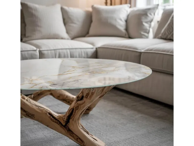 Tulup Tischplatte Edler Marmor mit Adern Tischplatte aus Glas 90x90 cm Weiß Tischplatte Runde Tischplatte Glas für Tischplatte