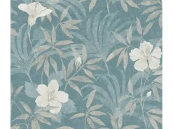 Vliestapete Blumen Dschungel Matt Leicht Strukturiert Beige Blau FSC®