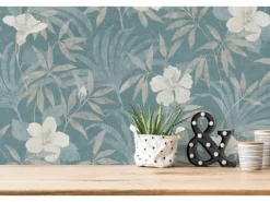 Vliestapete Blumen Dschungel Matt Leicht Strukturiert Beige Blau FSC®