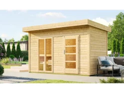 Weka Saunahaus Farsund Vorraum bodentiefem Fenster Technik 9 kW BioS Natur