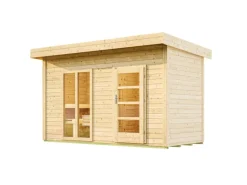 Weka Saunahaus Farsund Vorraum bodentiefem Fenster Technik 9 kW BioS Natur