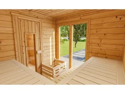 Weka Saunahaus Farsund Vorraum bodentiefem Fenster Technik 9 kW BioS Natur