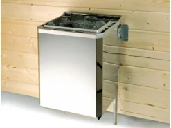 Weka Saunahaus Farsund Vorraum bodentiefem Fenster Technik 9 kW BioS Natur