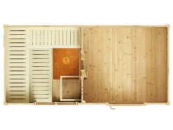 Weka Saunahaus Farsund Vorraum bodentiefem Fenster Technik 9 kW BioS Natur