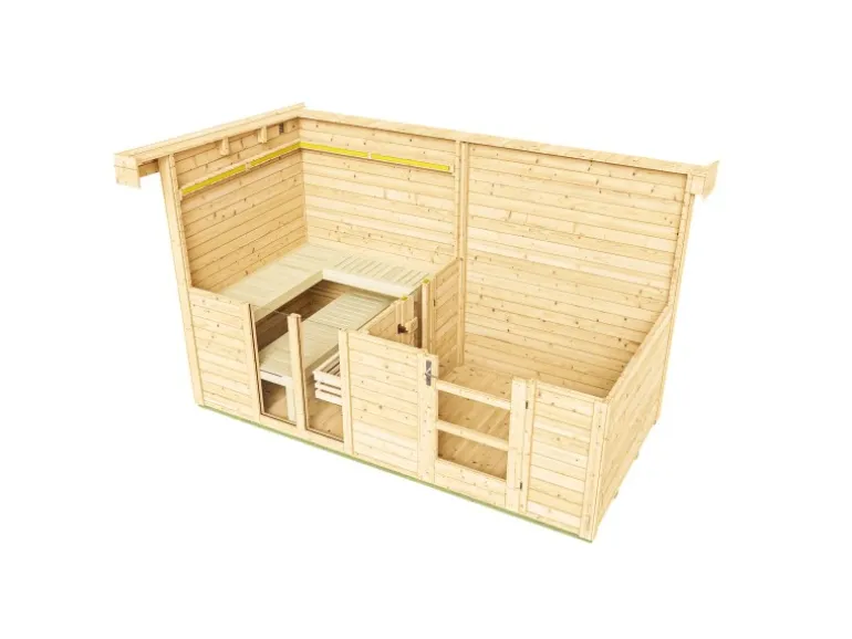 Weka Saunahaus Farsund Vorraum bodentiefem Fenster Natur